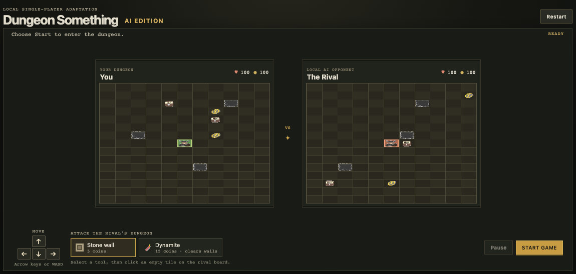 Dungeon Something AI Edition gameplay screenshot with the player and local AI opponent — Wasm Arcade