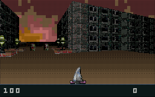 Anarch first-person street scene after holding the on-screen U control for 400 ms.