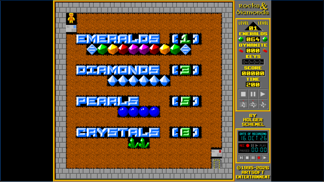 Rocks’n’Diamonds Level 1 Emeralds & Diamonds playfield with the starting character and counters visible.