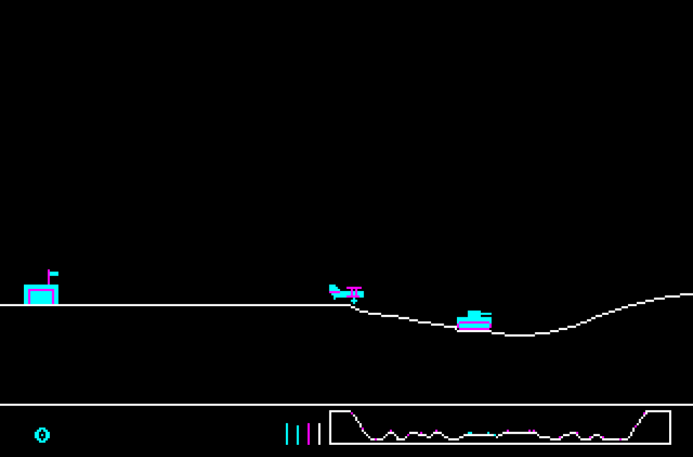 SDL Sopwith 2.9.0 flight scene with two biplane sprites above rolling terrain and the lower instrument display.