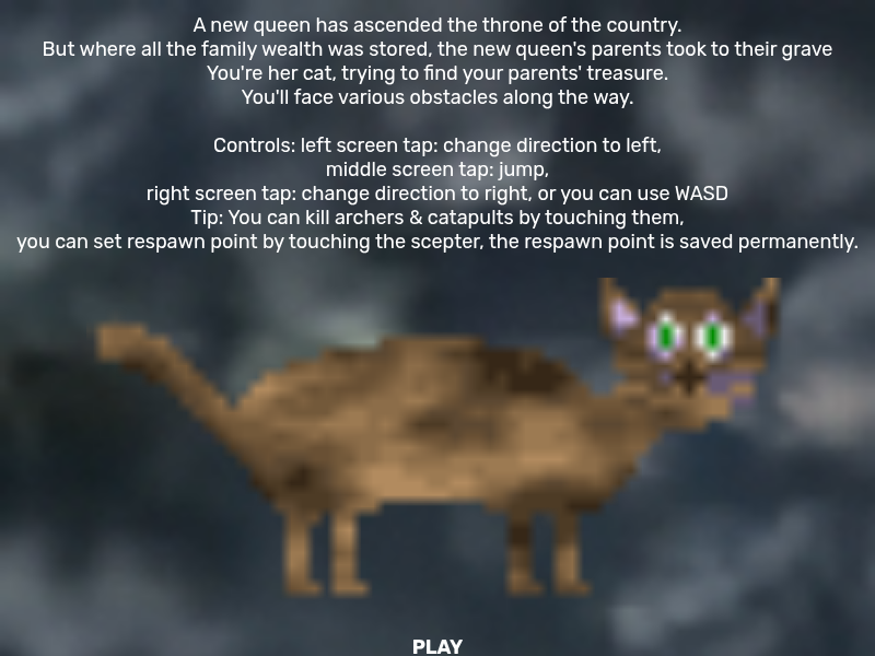 The Cat Jumper game screen with the cat searching for the queen’s family treasure — Wasm Arcade