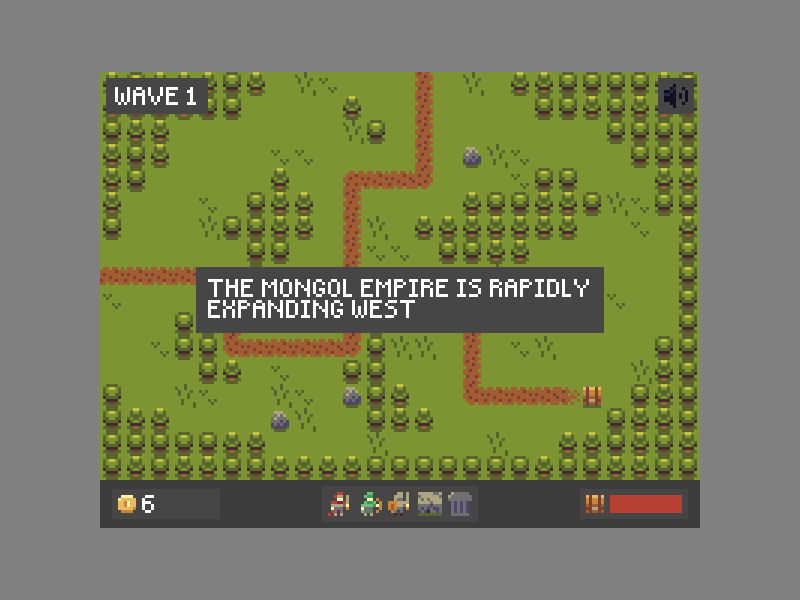 The Mongol Horde game map with the opening message about the Mongol Empire expanding west — Wasm Arcade