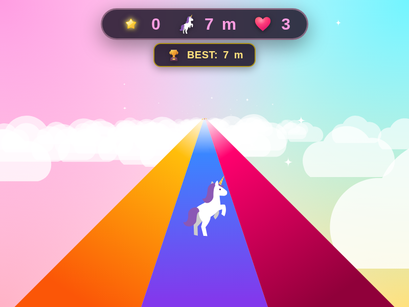 Rainbow Runner three-lane game screen — Wasm Arcade