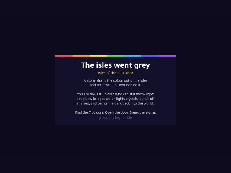 Rainbow Unicorn — Isles of the Sun Door title screen: The Isles Went Grey — Wasm Arcade