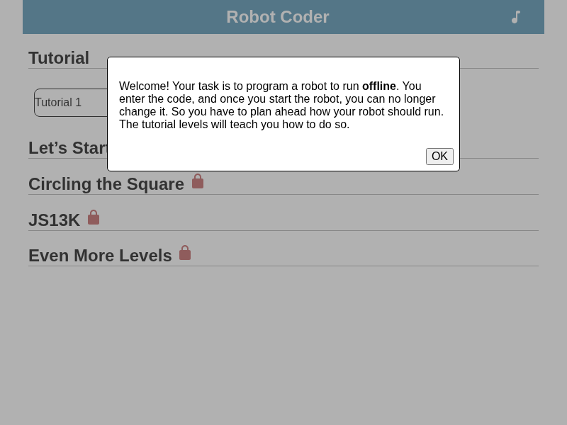 Robot Coder tutorial screen explaining how to program the robot — Wasm Arcade